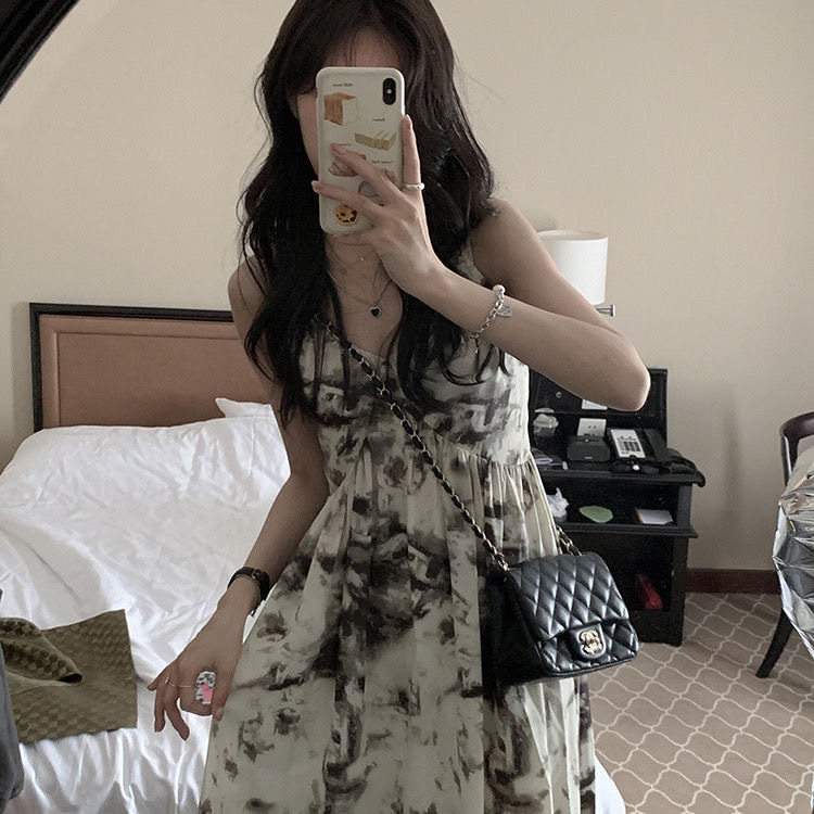 扎染水墨画新中式吊带连衣裙套装女秋季薄款防晒衣开衫收腰长裙子图片