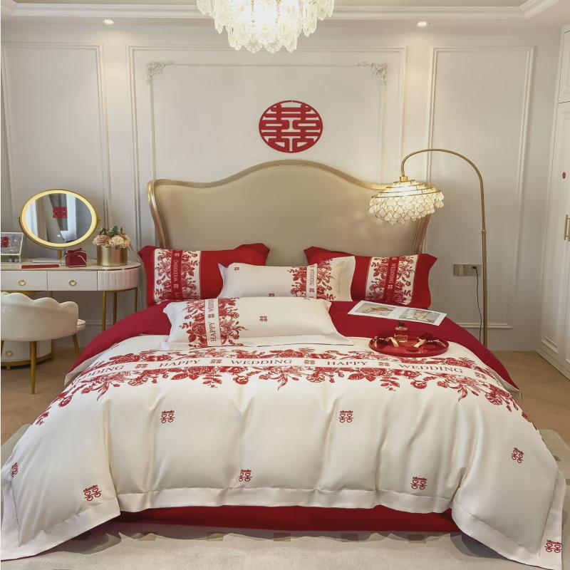 s228简约印花新婚庆四件套结婚床上用品床单被套喜被红色婚嫁