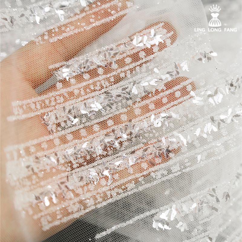 重工亮片条纹网纱烫金布料 精品闪光舞台装饰婚纱造型设计师面料
