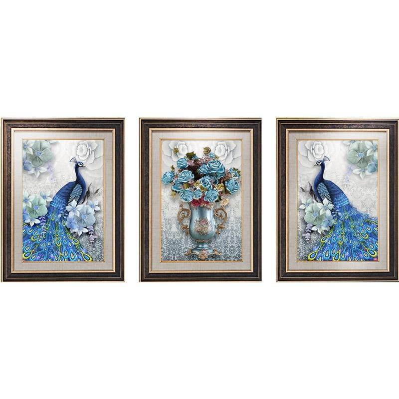 热销现代简约贴钻花卉孔雀吉祥如意十字绣北欧装饰三联画厂家直销