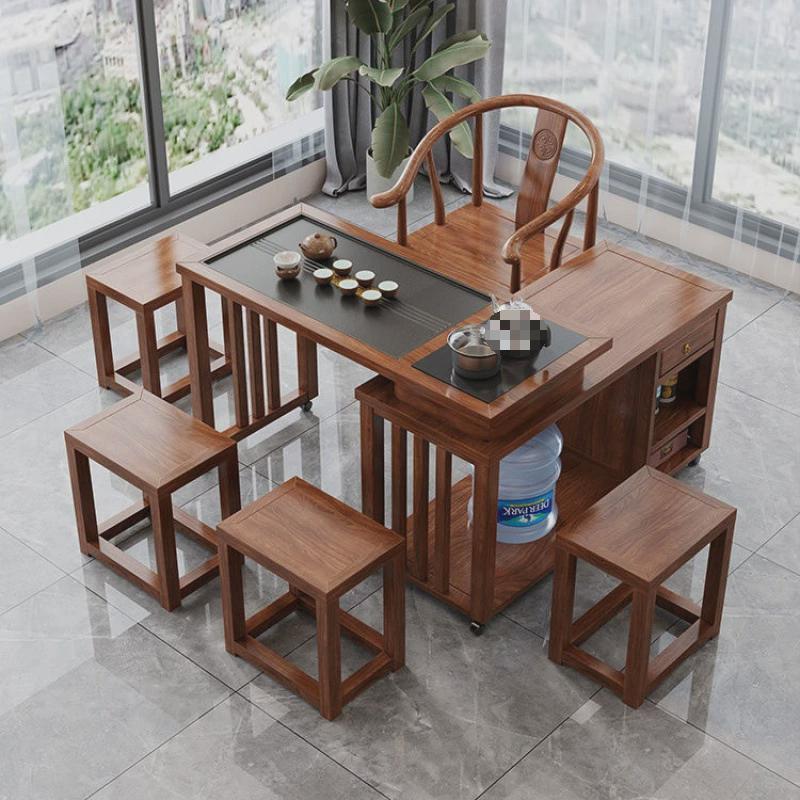 实木茶桌旋转式茶台阳台小户型移动1米1.2米桌椅组合橡胶木带烧水