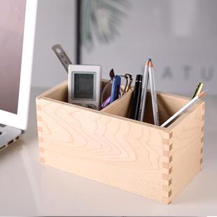 礼品笔筒收纳盒方形双格化妆刷收纳桌面办公用品木质收纳学生实木