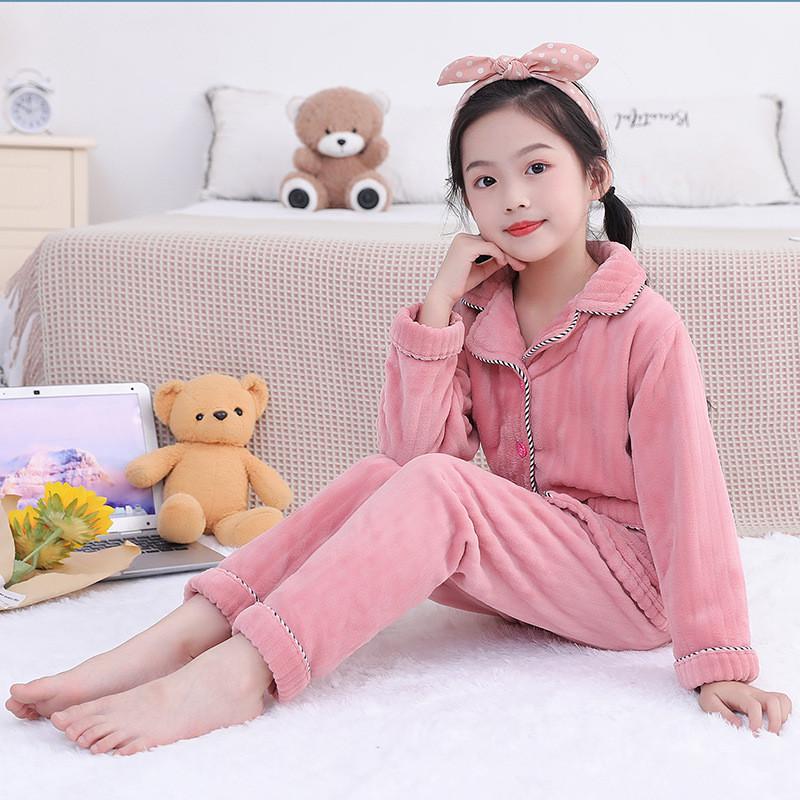 法兰绒睡衣秋冬款儿童家居服珊瑚绒男女中大童青少年套装一件代发
