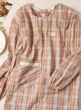 韩式素色格子薄棉布成人反穿衣家用女厨房围裙防污水家务长袖罩衣