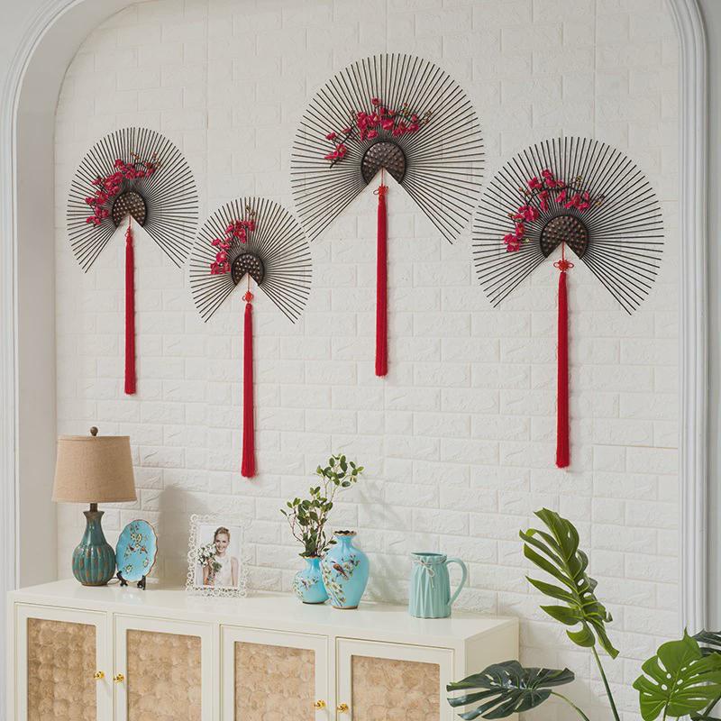 墙壁挂件客厅铁艺创意餐厅墙面装饰墙上装饰品扇子背景新中式壁饰