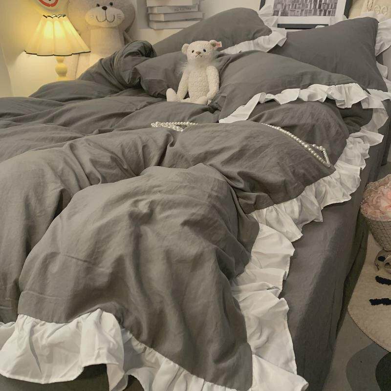 RI0T公主风荷叶边水洗棉被罩四件套少女心粉色花边被套双人床单三