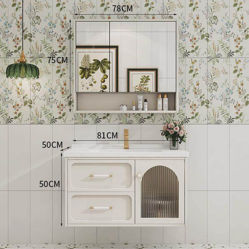 风智能法式奶油定制橡木浴室柜奶白暖色调组合洗漱台陶瓷挂墙式