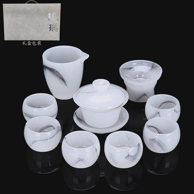 琉璃白玉瓷功夫茶具套装盖碗家用泡茶壶手工创意三才盖碗公道杯