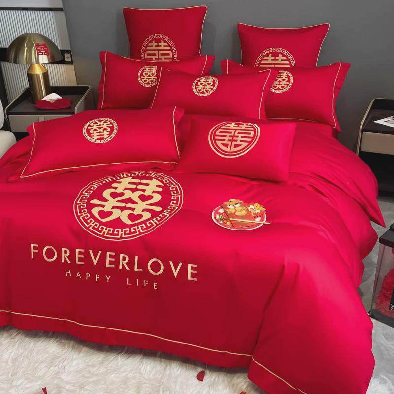 大红色婚庆四件套喜庆婚被套高级感新婚礼床单床笠结婚嫁床上用品,床上用品,床品套件/四件套/多件套,淘宝优惠券,粉丝福利购,淘宝优惠卷