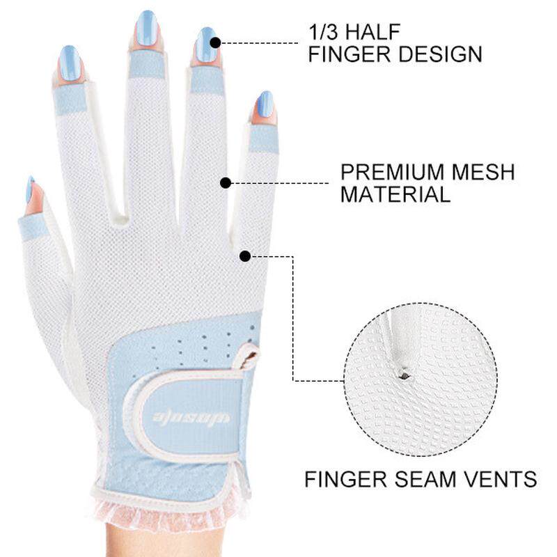 新款高尔夫球手套女士露防滑透气指手掌纹理可触屏蕾丝边运动手套