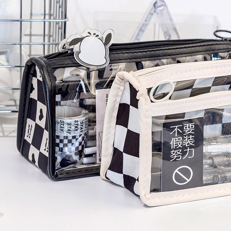2023年新款棋盘格透明笔袋女生高颜值文具袋初中学生简约铅笔意赛