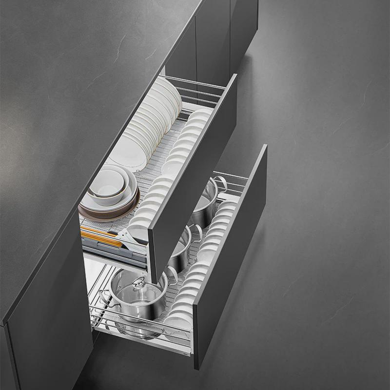 Unihopper库博304不锈钢抽屉式双层厨房橱柜缓冲阻尼收纳碗碟拉篮