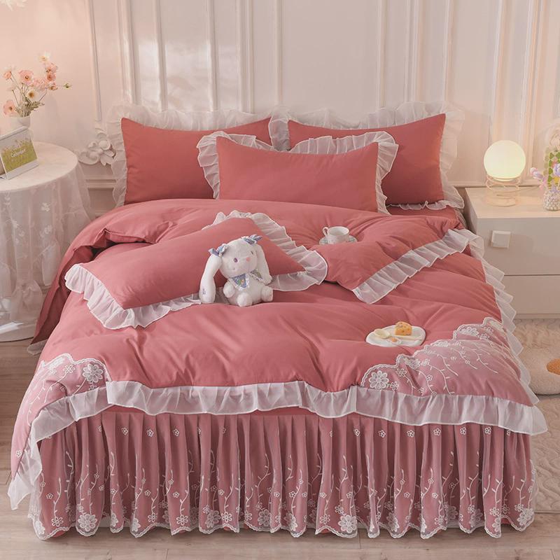 2024款韩式公主风床裙款四件套蕾丝被套少女心纯色床单床上用品
