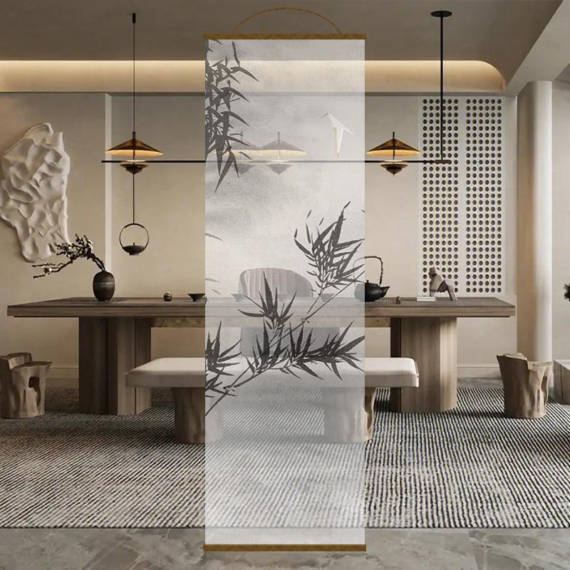 新中式透墨竹画双面水景屏风纱卷帘隔断帘挂帘窗帘玄关透光纱帘