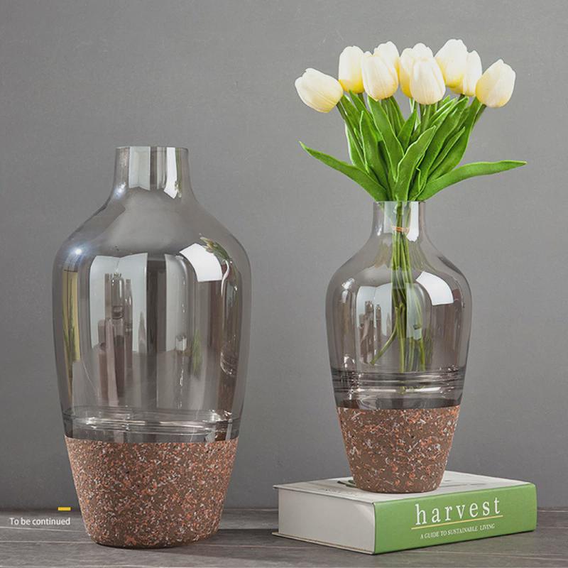 轻奢电镀茶色加磨砂石玻璃花瓶水培花器家居客厅装饰品插软装花瓶