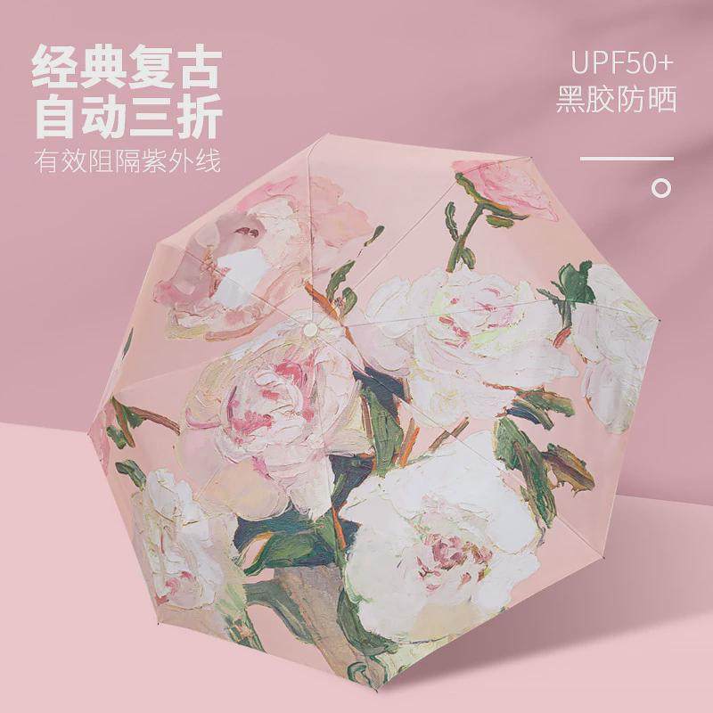 卡通印花自动雨伞三折男女黑胶防晒遮阳伞折叠两用晴雨广告伞