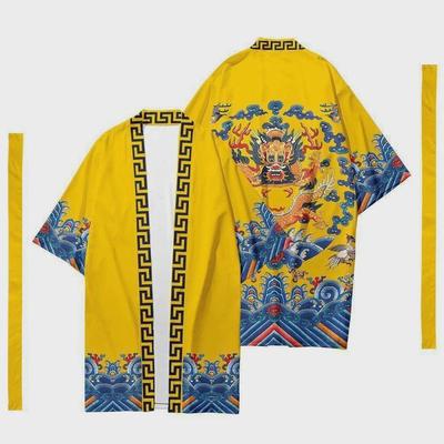 中国风龙袍睡袍冰丝薄款性感浴袍男士加大码长版霸气皇帝睡衣睡裤