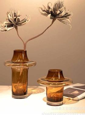热销新款创意茶色琥珀色玻璃花瓶人工吹制加重加厚飞碟花瓶繁华花