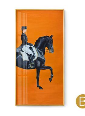 轻奢美式挂画橙色骑马入户玄关装饰画北欧风格现代简约墙壁画客厅