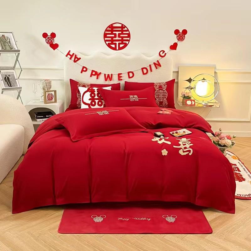 2新款简约磨毛婚庆刺绣大红色结婚四件套