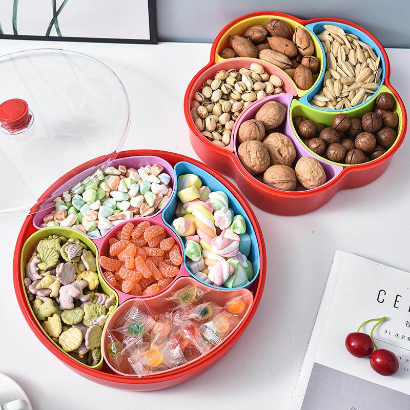 PP彩色分格果盒客厅方形坚果糖果带盖果盘年货圆形盒子密封防潮