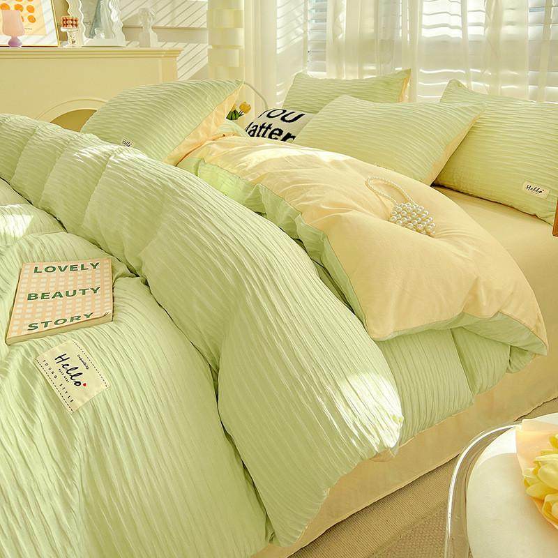 纯色水洗棉四件套北欧风双拼床笠款宿舍泡泡纱单被套纯棉床上用品,床上用品,床品套件/四件套/多件套,淘宝优惠券,粉丝福利购,淘宝优惠卷