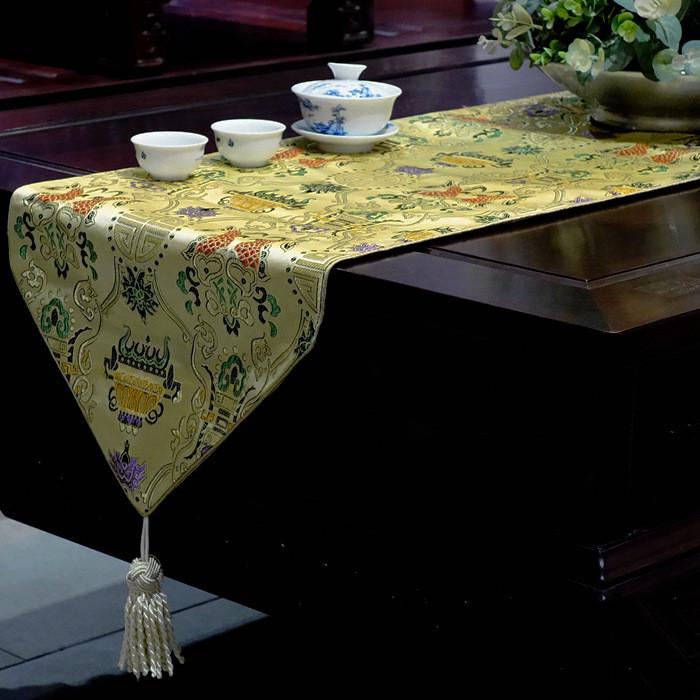 桌旗中式丝绸锦缎缎面红色喜庆古典餐桌长桌布茶几刺绣制做苏定流