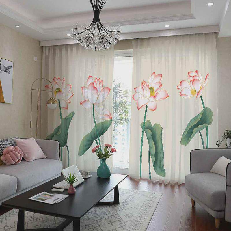 2024年新款窗帘中式客厅新中式山水禅意荷花中国风水墨画纱帘窗纱