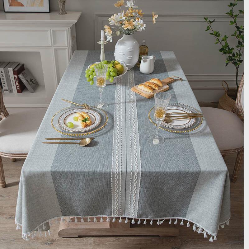 飞猫美式批发色条纹针织提花长方形桌布咖米色流苏盖布