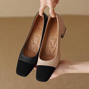 68小众高货舒适加厚鞋垫里外全皮百搭拼色2025秋新款粗中跟方头单