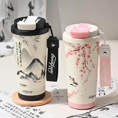 国潮中国风咖啡保温杯办公室车载随行水杯陶瓷内胆双饮吸管咖啡杯