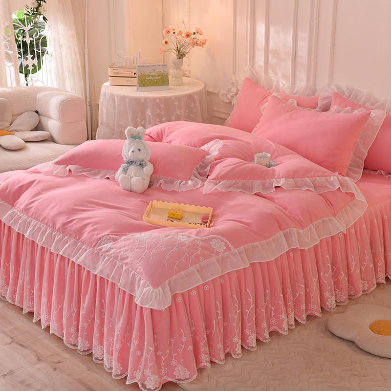 韩式公主风床裙水洗棉四件套蕾丝被套少女心全纯色床单款床上用品