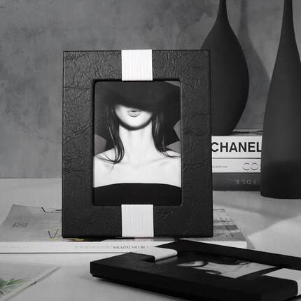 现代简约拼皮质相框摆台6寸7寸客厅设计师样板房卧室搭配软装摆台