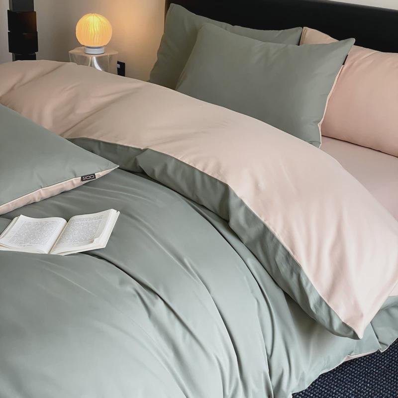 简约风纯色双拼s100纯棉长绒棉四件套高级感秋冬季全棉磨毛品床
