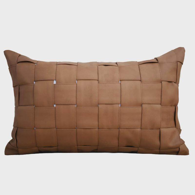现代样板房棕色PU皮编织抱枕高级感沙发背靠垫软装设计师床头方枕