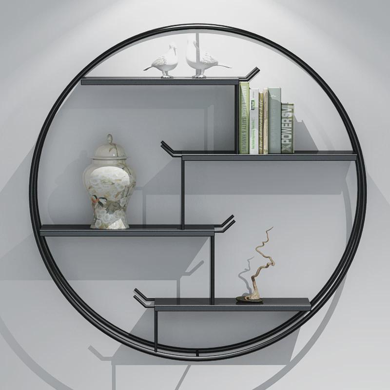 l!圆形展示茶室背景壁挂博古架铁艺客厅墙上置物架玄关茶叶新中式