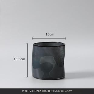 客厅茶绿色直筒按坑玻璃花瓶现代简约轻奢高级感样板房插干花摆件