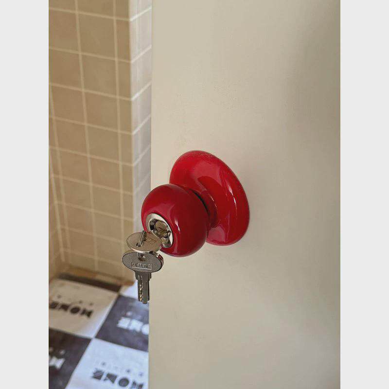 红色门锁卧室门锁老式圆形门锁粉色陶瓷门把手手柄大红色球形锁球