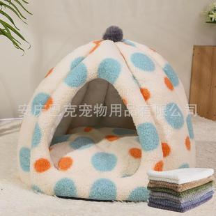 猫窝四季 保暖狗窝床宠物 通用可拆洗式 房子猫咪点点别墅半封闭冬季