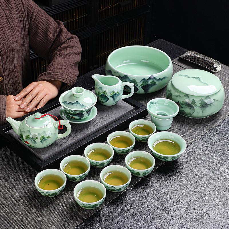 茶具陶瓷茶杯盖碗茶壶茶洗青瓷鲤鱼家用纯手绘青瓷大套装整套茶具