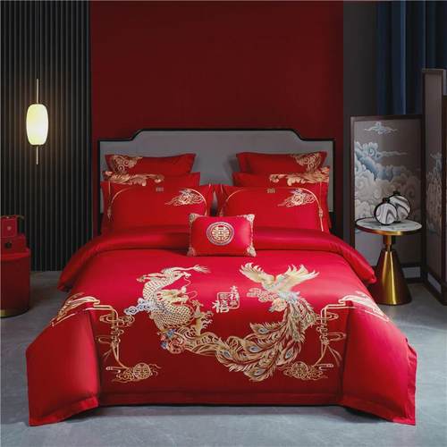 高端婚嫁中式大红床上用品全棉贡缎喷气刺绣婚庆四件套结婚六件套