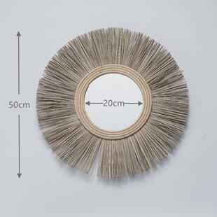 复古手工编织圆形化妆镜子装饰镜工作室民宿批发拉菲草挂镜墙面