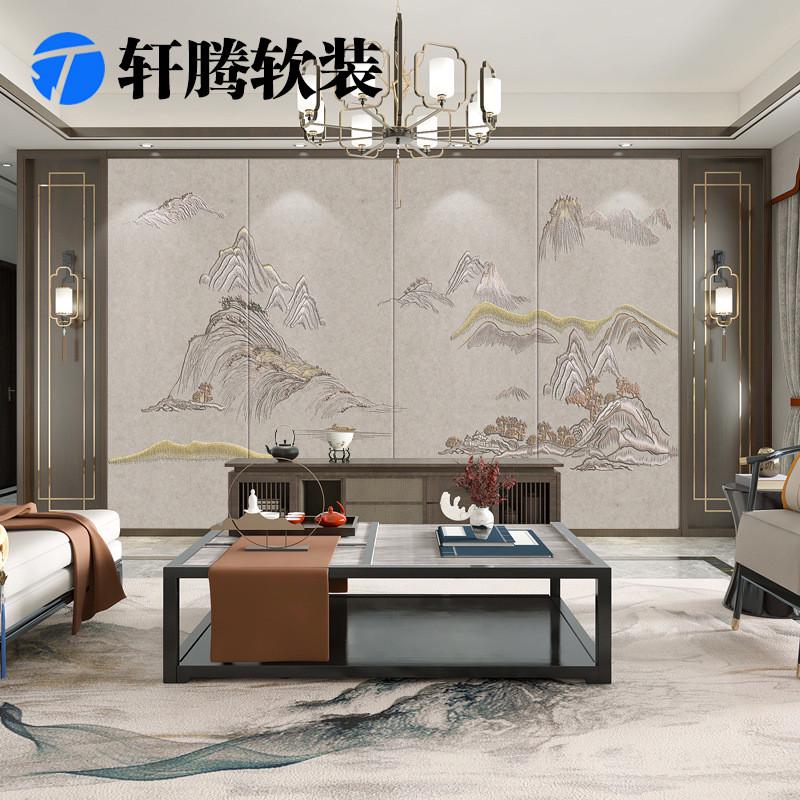 刺绣电视新中式硬包背景墙山水画卧室客厅装饰床头沙发硬包背景墙图片