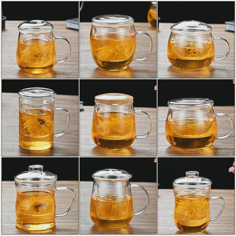 耐热玻璃圆趣杯泡茶壶高硼玻璃平盖茶杯沏茶杯喝茶缸花茶盖杯