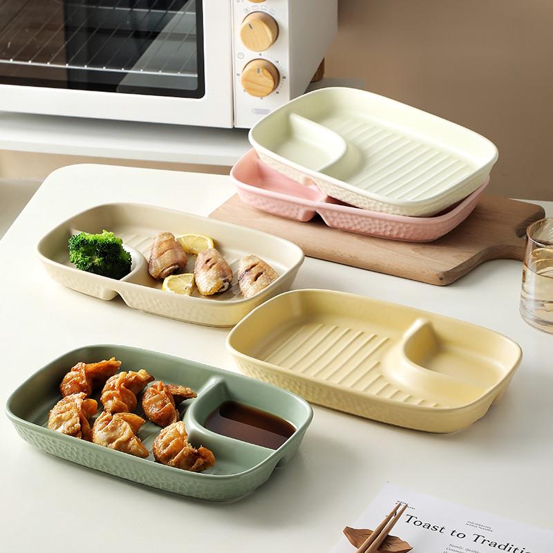 煎饺子盘陶瓷带醋碟家用蒸饺水饺分隔盘子感小吃薯条分格碟子