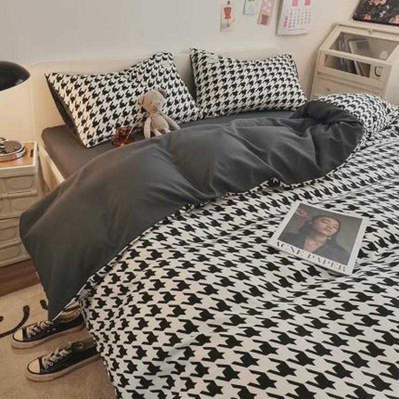 小方格磨毛印花四件套ins北欧风床笠被套三件套学生宿舍亲肤健康
