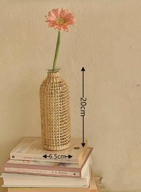 复古花瓶田园风玻璃花瓶手工编织工艺品插花道具干花花瓶藤编家居