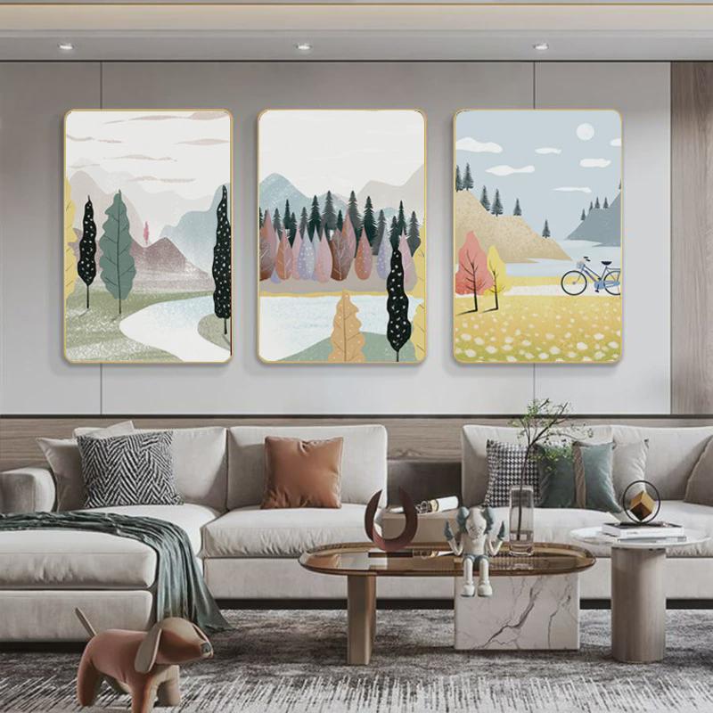 现代简约风景客厅装饰画沙发背景墙挂画北欧小清新插画卧室三联画