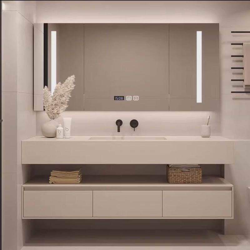 实木浴室柜组合挂墙简约可丽耐岩板热弯一体无缝盆酒店风双层柜子