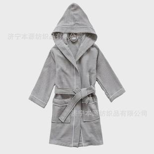 纯棉儿童连帽华夫家居服浴袍格浴袍吸水蜂巢游泳馆中大童加长 四季
